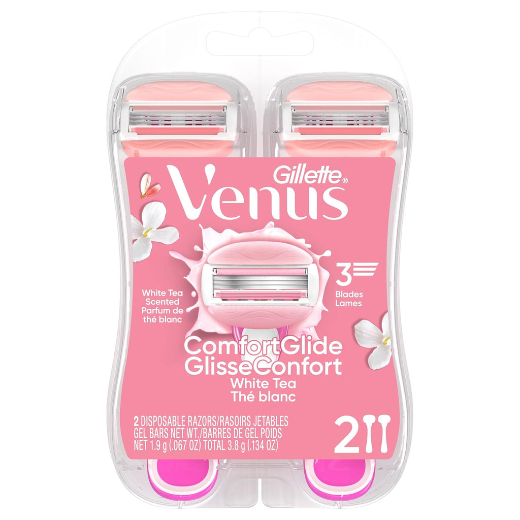 Gillette Venus ComfortGlide Disposable Razors for Women, 2 Count, White Tea Scented Moisture Bars for a Smooth Shave