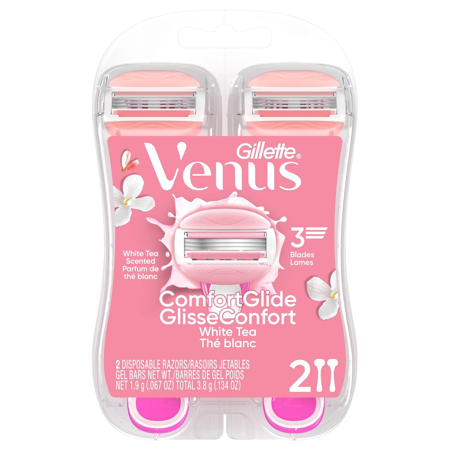 Gillette Venus ComfortGlide Disposable Razors for Women, 2 Count, White Tea Scented Moisture Bars for a Smooth Shave