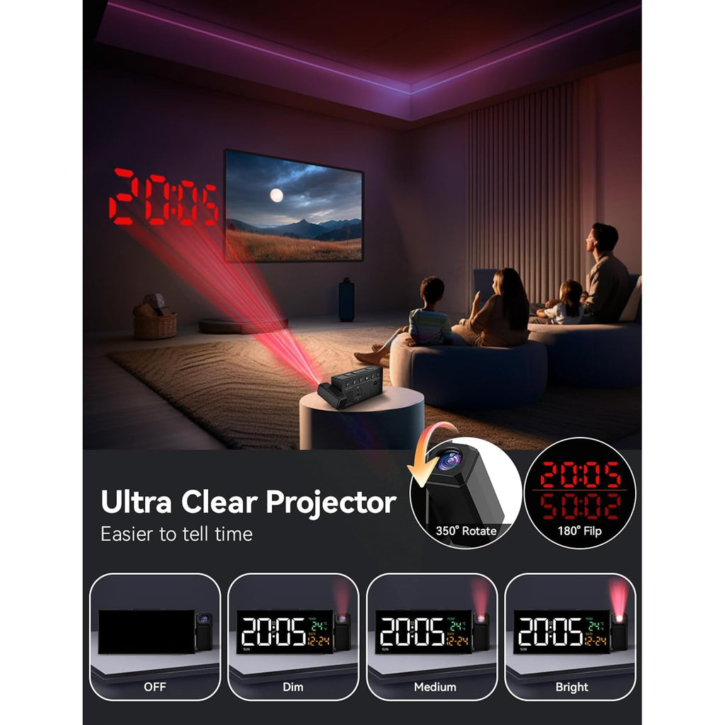 Projection Clock For Bedroom Ceiling, Alarm Clocks With 180° Rotatable Projector, Date Temperature And Weekday, Manual Dst, 5 Brightness, 10 Ringtones, 4 Volumes And Snooze (Black)