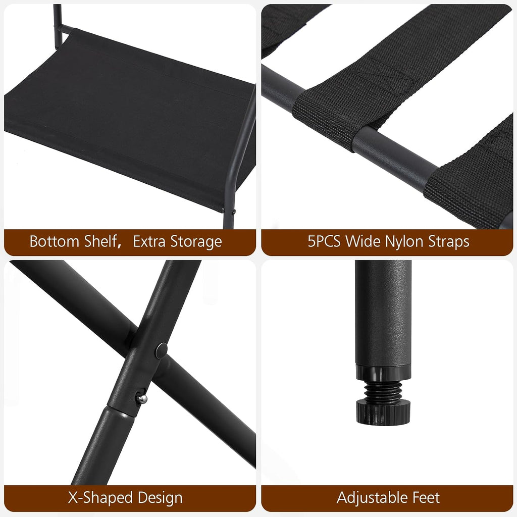 Amhancible Luggage Rack, Set Of 2, Foldable Suitcase Stands For Guest Room, Metal Luggage Holder With Storage Shelf For Bedroom, Hotel, Easy Assemble, Black Hlr02Bk