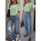 Shewin Women'S Summer Tops Cotton V Neck Short Sleeve T-Shirts Colorblock Casual Tees 2026 Clothes