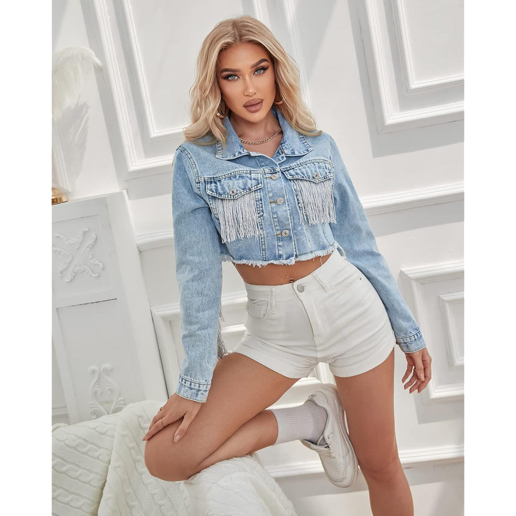 Women’S Crop Denim Jacket Tassel Casual Jean Coat With Fringe