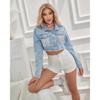 Women’S Crop Denim Jacket Tassel Casual Jean Coat With Fringe