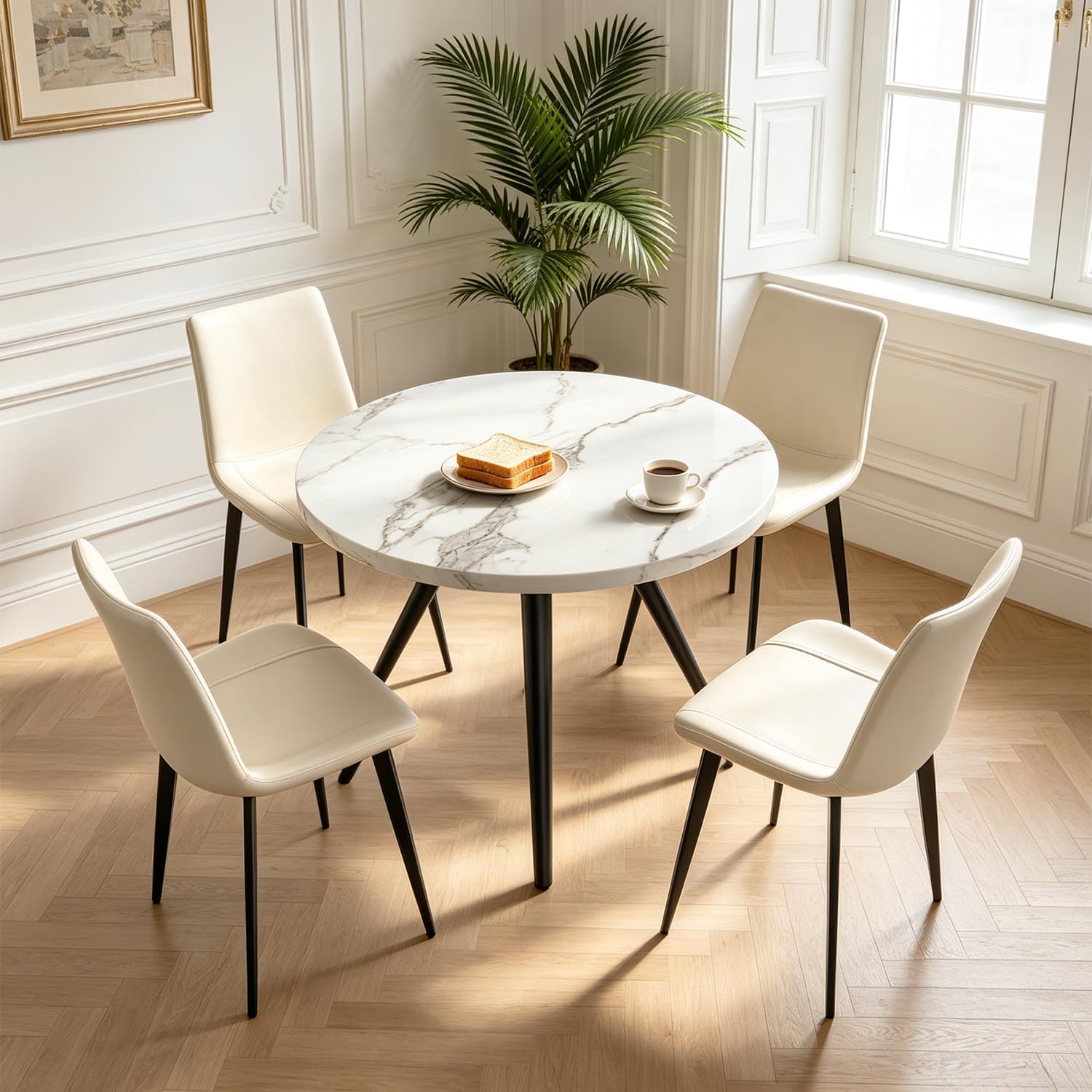 34.6" Round Dining Table Set For 4, Modern Kitchen Coffee Table Set With 4 Upholstered Leather Chairs, Mdf Small Space Saving Dining Room Table And Chairs Set (White Table+4 Beige Chairs)