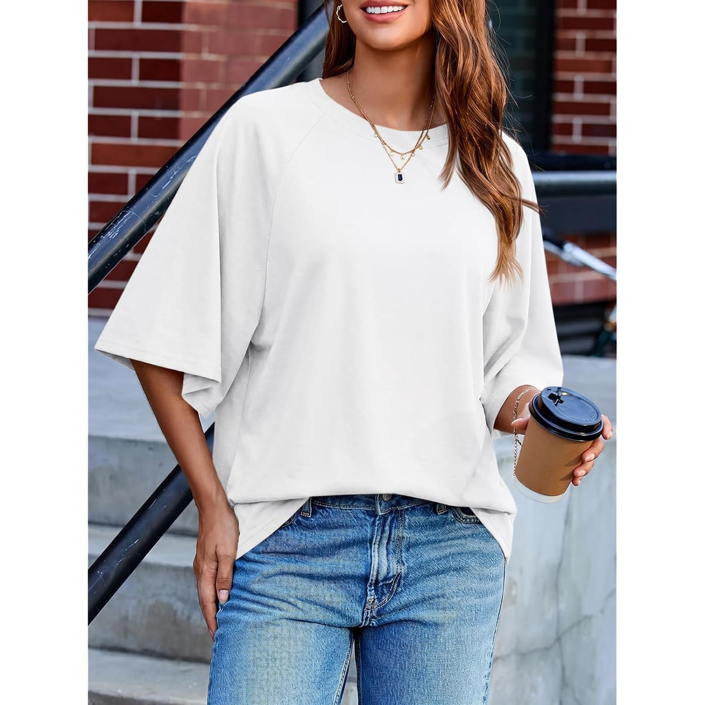 Tankaneo Womens Oversized Half Sleeve T-Shirts Trendy Casual Baggy Loose Fit Tops Summer Crew Neck Tees Shirts