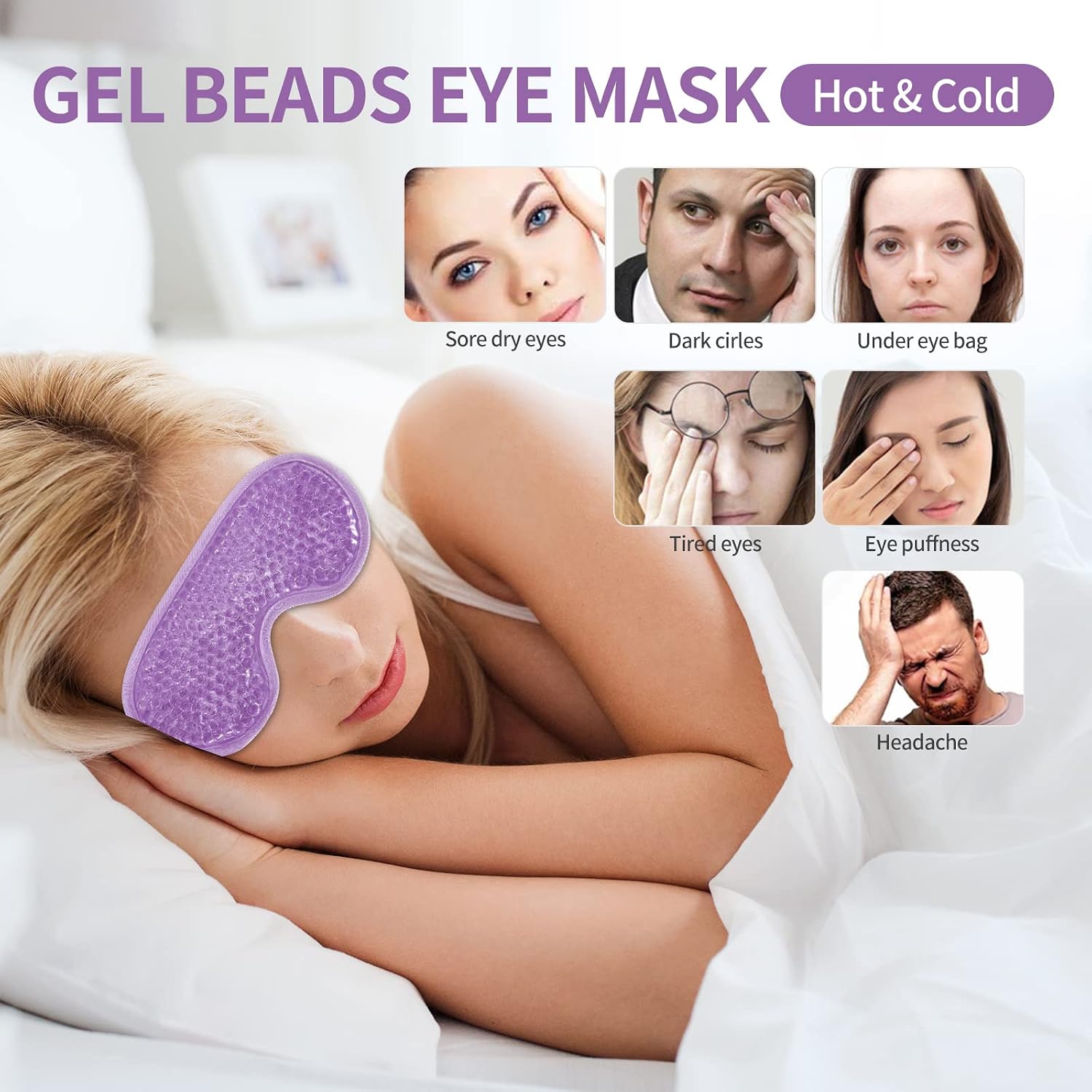 2Pcs Gel Eye Mask Reusable Cold Therapy Gel Bead Eye Mask For Puffiness/Dark Circles/Eye Bags/Dry Eyes/Headaches/Migraines/Stress Relief, Cooling Compress (Purple)