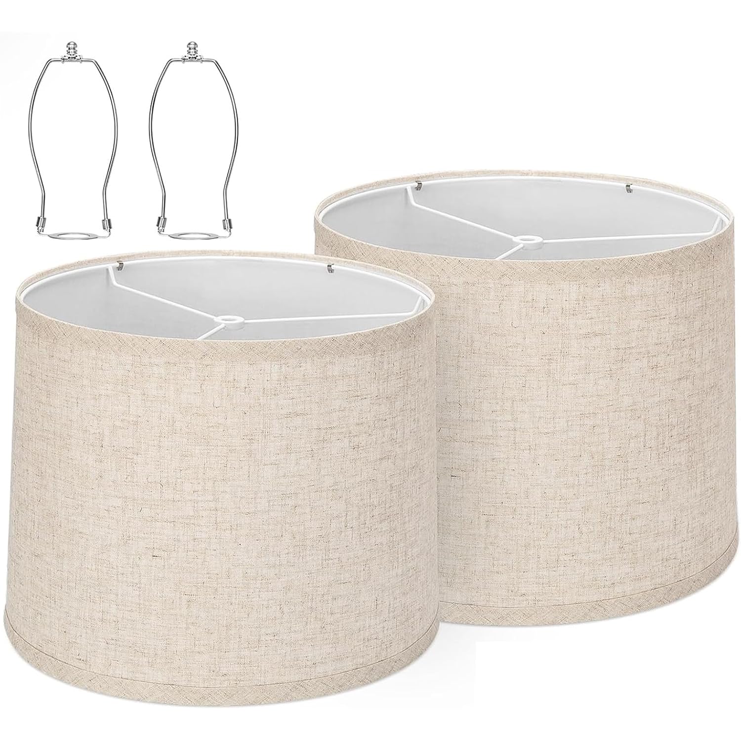 Drum Lamp Shades Set Of 2 For Table Lamps – 11.6" Top X 12.6" Bottom X 9.8" High, Qvtekn Medium Beige Lampshades For Floor Lamps (Spider Fitter), Natural Linen Handcrafted With Easy Assembly