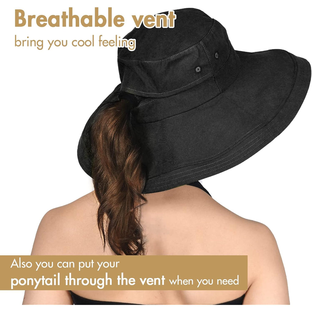 Sun Hats for Women Gardening Hat Wide Brim Ponytail Beach Sun Protection Breathable Cotton Summer Hat with Fold-Up Brim