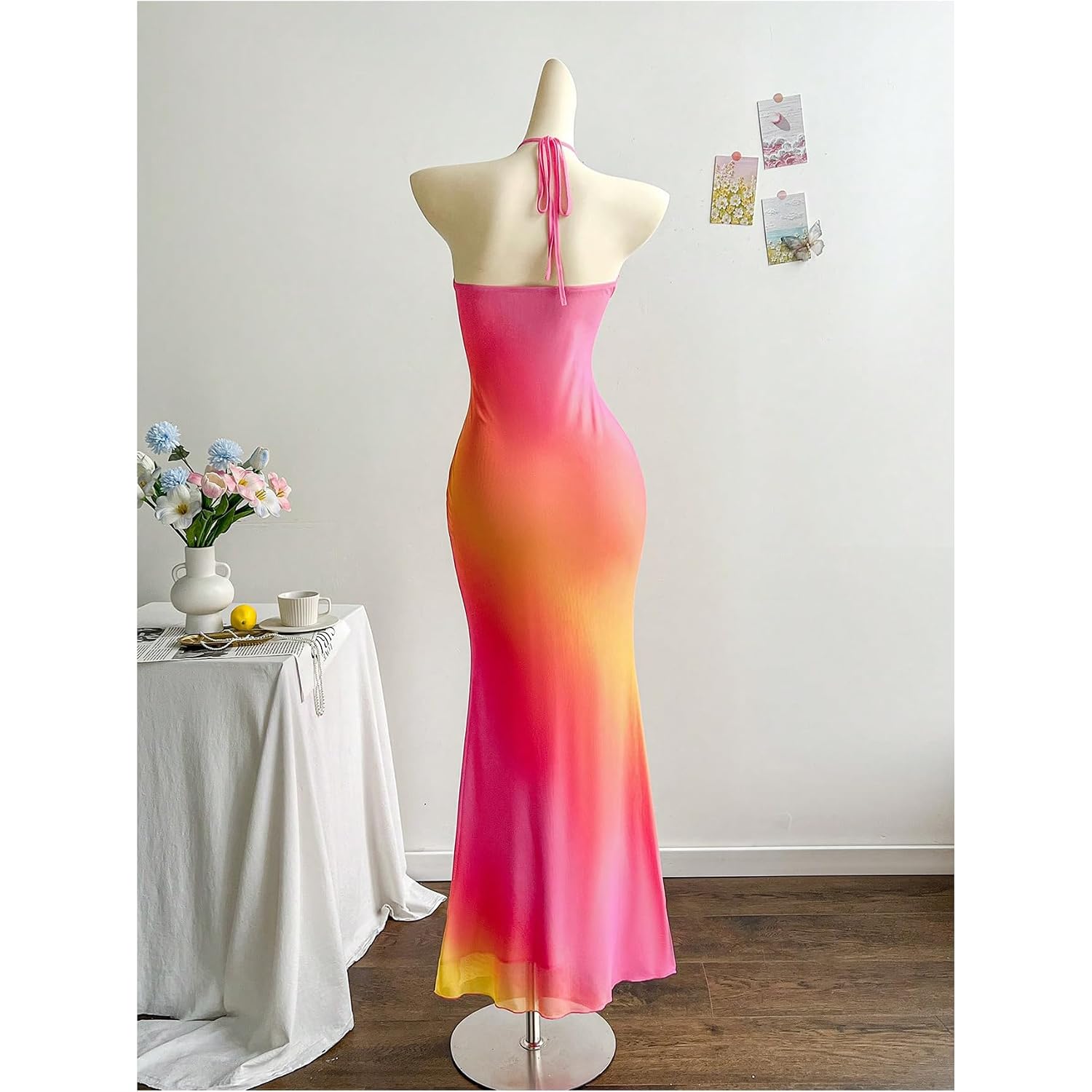 Gorglitter Women'S Floral Ombre Boho Maxi Dresses Halter Starfish Sunset Vacation Beach Cocktail Fishtail Sundress