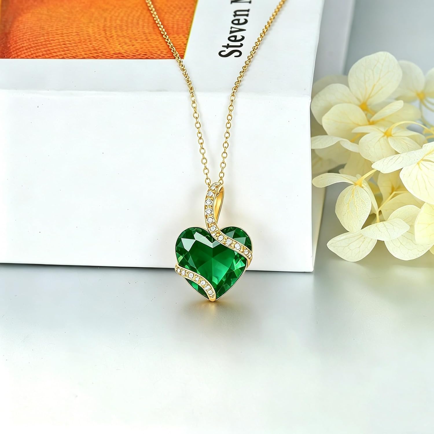 14k Gold Heart Shaped Birthstone Necklace for Women, 3.5 Carat Created Gemstone Pendant Necklaces Mother's Day Birthday Jewelry Gift for Mom Grandma Wife 18+2 Inch
