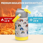 Rockpapa 14 Oz Kids Insulated Water Bottle，Stainless Steel Toddler Cups With Straws, Bpa Free, Leak-Proof, Kids Water Bottle For School Boys& Girls (Grey Trucks)