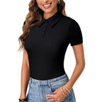 Womens Polo Shirts Short Sleeve Business Casual V Neck Collared Button Fitted Tops