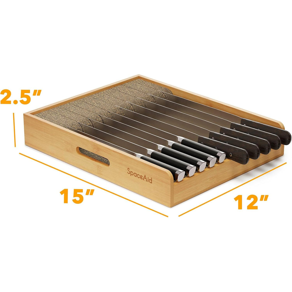 Spaceaid Large Knife Drawer Organizer Bamboo Insert Dock, Kitchen Steak Knives Holder Organizers Block For Drawer In Storage Organization (Large)
