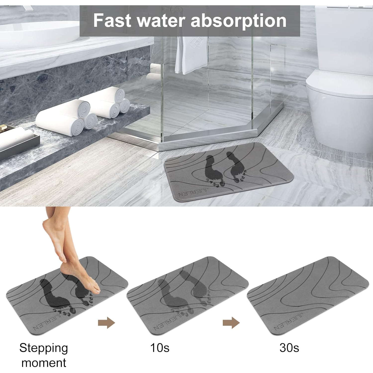 JUERLEN 2 Pack Diatomaceous Earth Shower Mat, Stone Bath Mat, Nonslip Super Absorbent Fast-Drying Hard Bath Mat for Bathroom Shower Floor, 24 x 16 inch, Grey Wave Design
