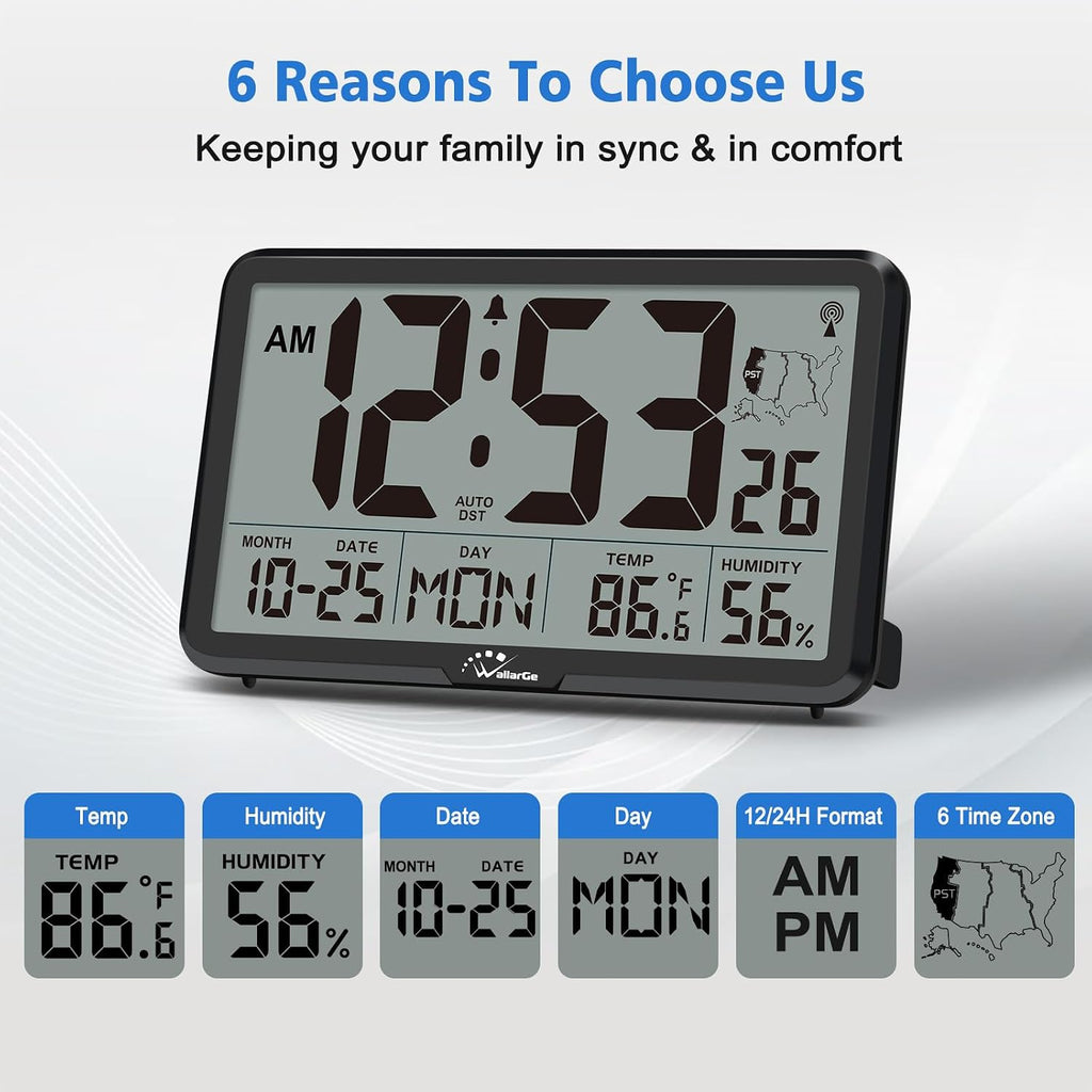 Atomic Wall Clock With Backlight, Digital Wall Clock Battery Operated For Classroom, Bedroom, Office, Large Display With Indoor Temperature, Humidity, Date, Auto Dst, 6 Time Zones