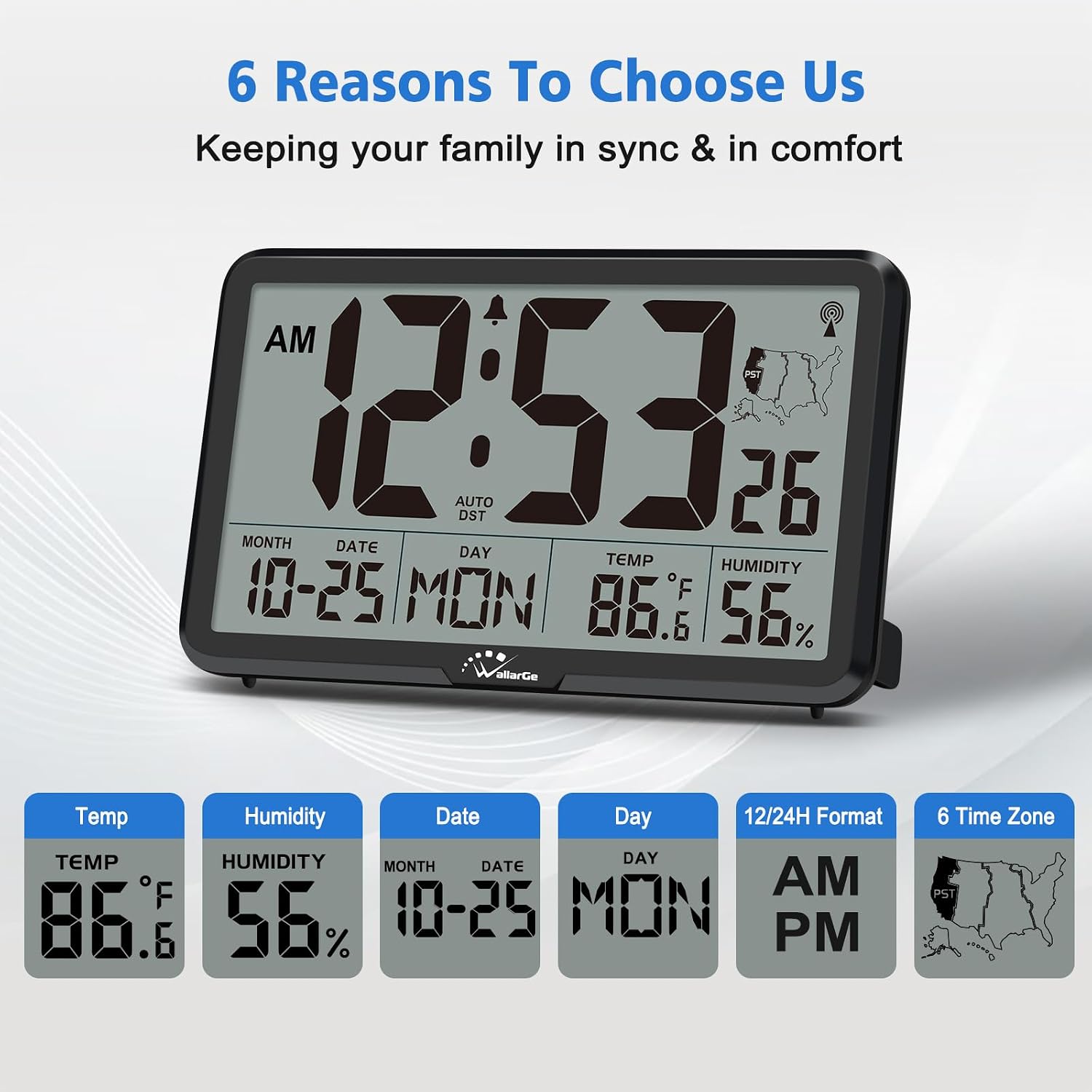 Atomic Wall Clock With Backlight, Digital Wall Clock Battery Operated For Classroom, Bedroom, Office, Large Display With Indoor Temperature, Humidity, Date, Auto Dst, 6 Time Zones