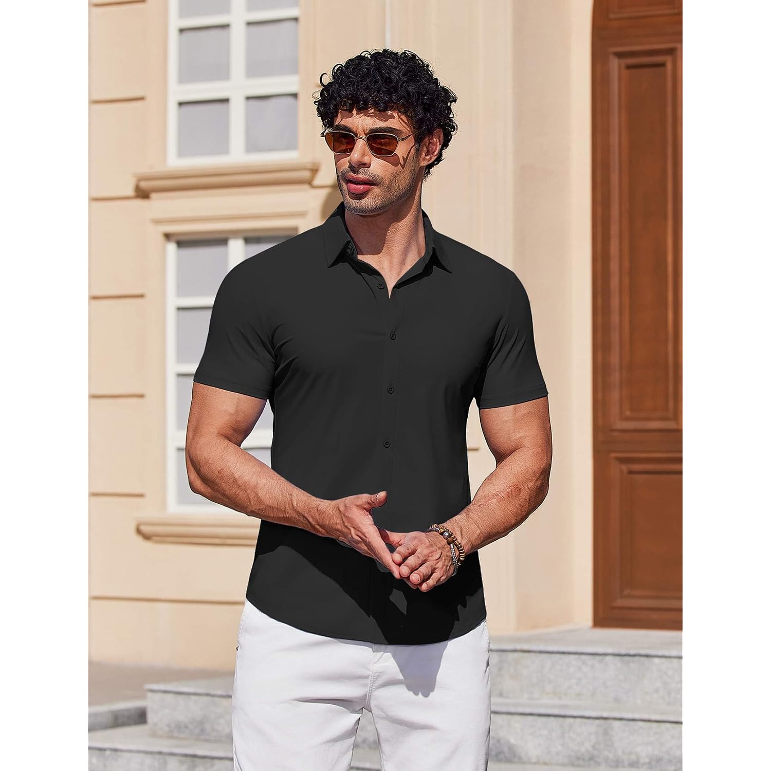 Coofandy Mens Muscle Fit Dress Shirts Stretch Wrinkle Free Short Sleeve Button Down Shirt Casual Solid Untucked Shirt