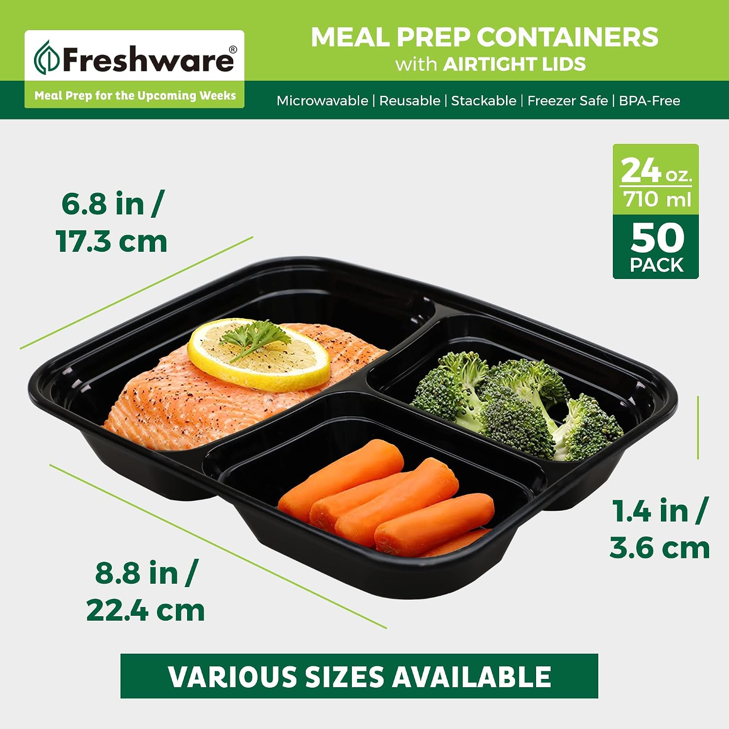 Freshware Meal Prep Containers [50 Pack] 3 Compartment Food Storage Containers With Lids, Bento Box, Bpa Free, Stackable, Microwave/Dishwasher/Freezer Safe (24 Oz)