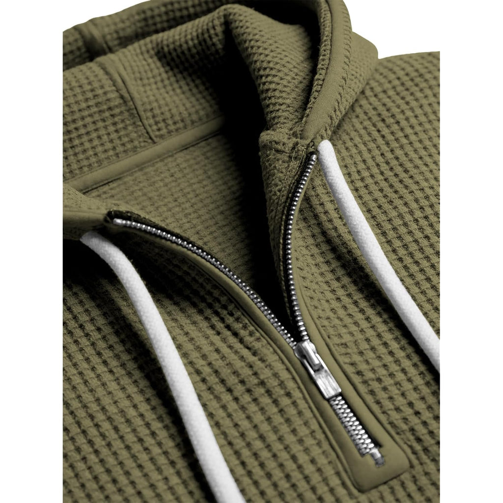 Men'S Quarter Zip Hoodie Waffle Knit Hooded Sweatshirt Loose Fit Casual Long Sleeve Pullover With Pockets