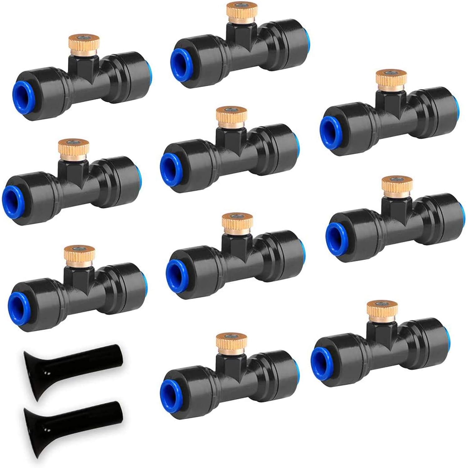 10 Pack Brass Misting Nozzles For Outdoor Cooling System | Mister Replacement Nozzles Tee And Plugs For 1/4" Tubing, Misting System Accessories For Patio, Garden, Greenhouse