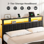 Olevs King Bed Frame With Charging Station & Led Lights, Modern Platform Bed With Upholstered Storage Headboard, No Box Spring Needed Noise Free