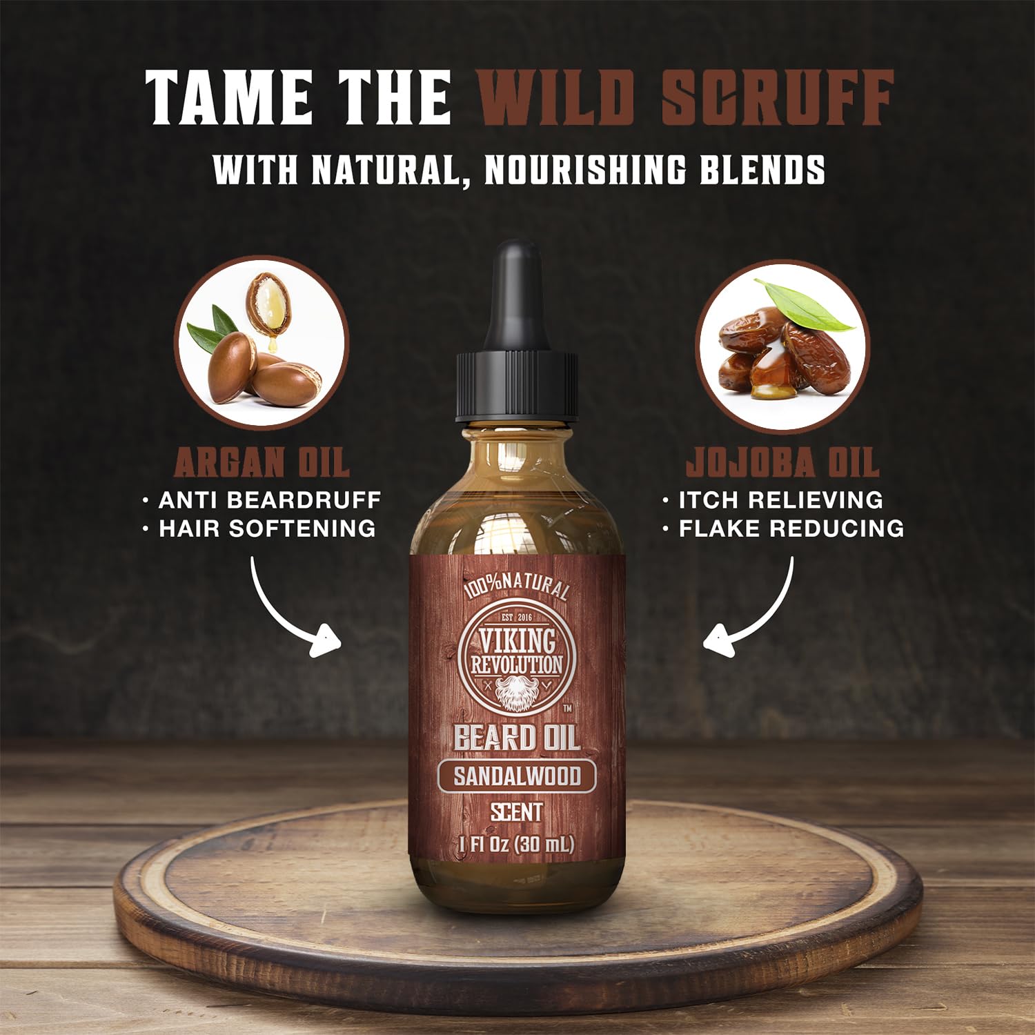 Viking Revolution Beard Oil for Men - Natural Mens Beard Oil with Argan Oil and Jojoba Oil - Beard Softener, Strengthens and Moisturizes - Beard Conditioner for Men (Sandalwood, 1 Pack)