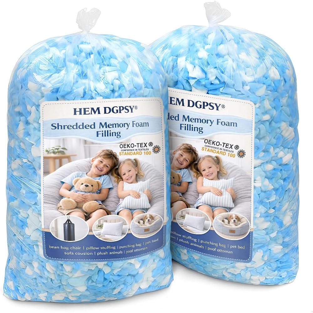 Hem Dgpy Bean Bag Filler 10Lbs, Shredded Memory Foam Filling For Bean Bag Chair Refill, Stuffing For Pillow, Punching Bag, Dog Bed, Cushions, Couch (Blue & White)