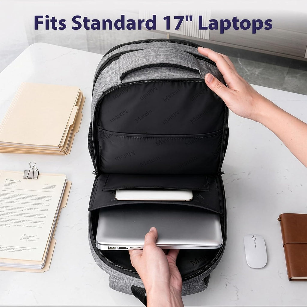 Matein Travel Laptop Backpack, 17 Inch Tsa Approved Carry On Work Bag | College School Bookbag With Trolley Sleeve, Large Business Computer Bag With Anti Theft Pocket, Grey Rucksack For Men Women