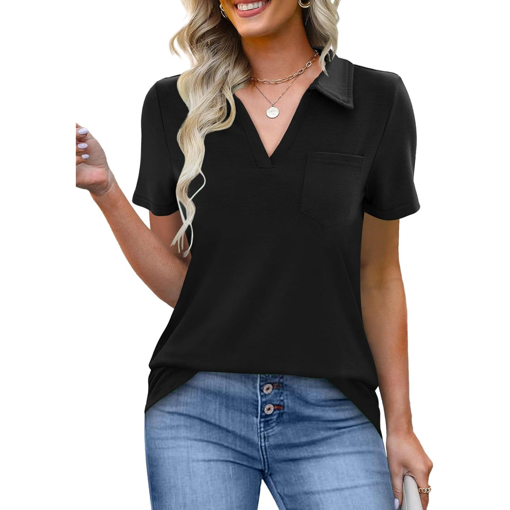 Women's Polo Shirts Collared Work Tops Short Sleeve Business Casual Dressy Blouses Summer Tops with Pocket