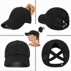Womens Ponytail Hat Baseball Cap, Adjustable Criss Cross Baseball Cap High Bun Unisex Quick Drying Trucker Hats