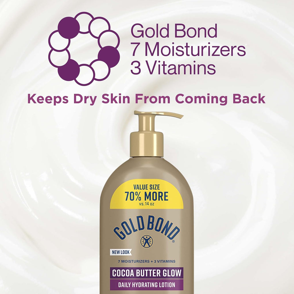 Gold Bond Cocoa Butter Glow Daily Hydrating Lotion With Cocoa Shea Butter & Coconut Oil, Exfoliating And Moisturizing Lotion For Dry Skin, 24 Oz