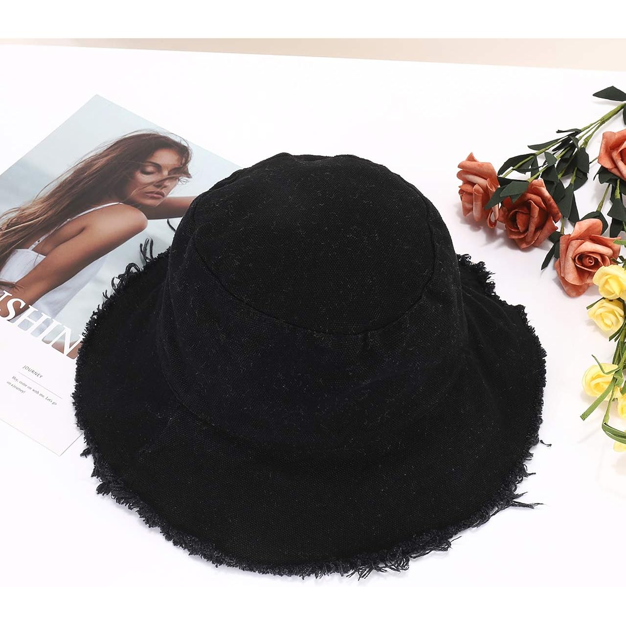 Sun Hats for Women Summer Casual Wide Brim Cotton Bucket Hat Beach Vacation Travel Accessories Black