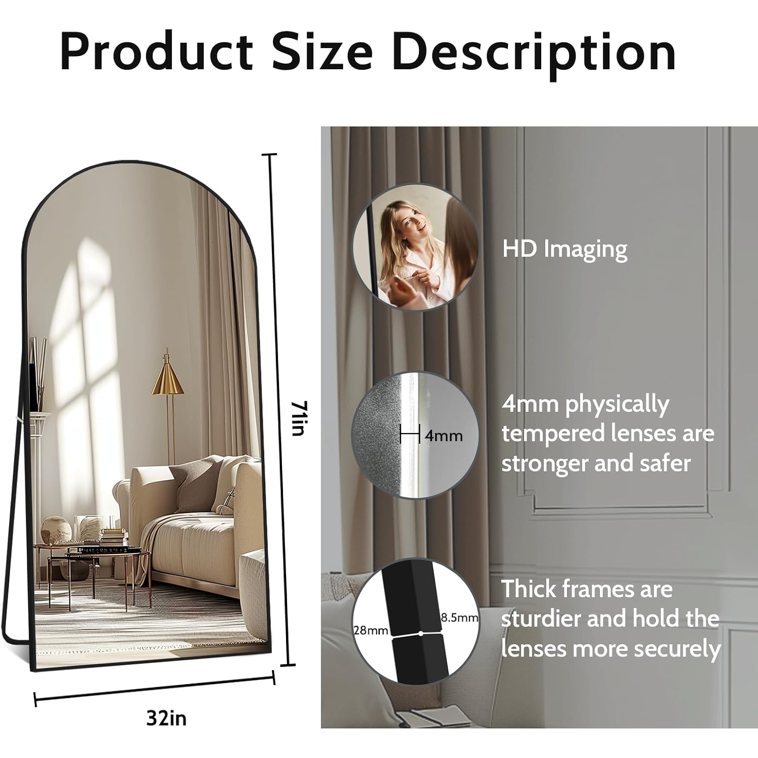 Beauty4U 71" X 32" Arched Full Length Mirror, Hd Tempered Glass Floor Mirror With Black Aluminum Frame, Standing/Leaning/Wall Mounted Mirror For Bedroom, Dressing Room & Living Room