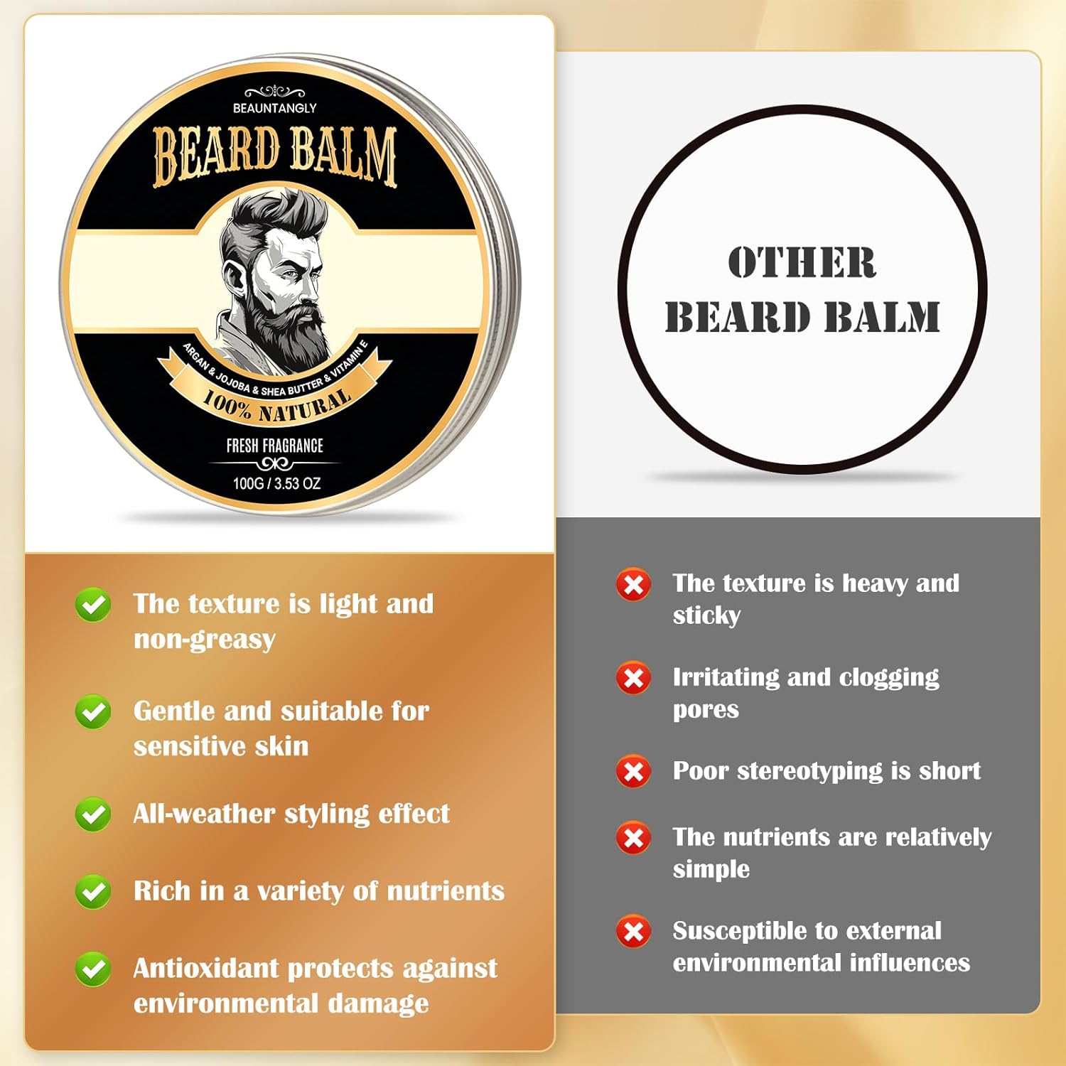Beard Balm for Men, 100% Natural with Shea Butter, Argan Oil, Jojoba Oil, Vitamin E - 3.53OZ Conditioner Softener Moisturizer