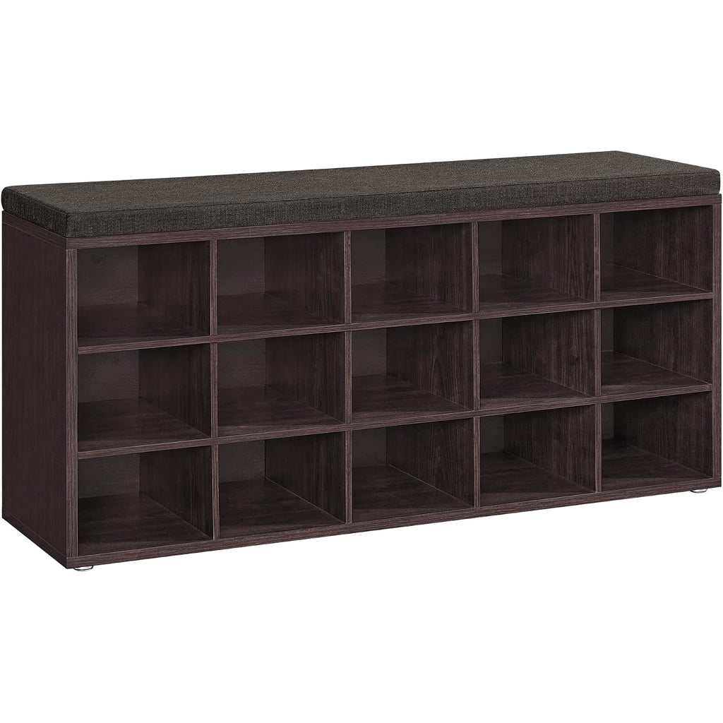 Vasagle Custos Collection - Shoe Bench, Storage Bench With Padded Seat, Entryway Bench With 15 Compartments, For Bedroom, 11.8 X 41.3 X 18.9 Inches, Espresso Brown And Chestnut Brown Ulhs15Br