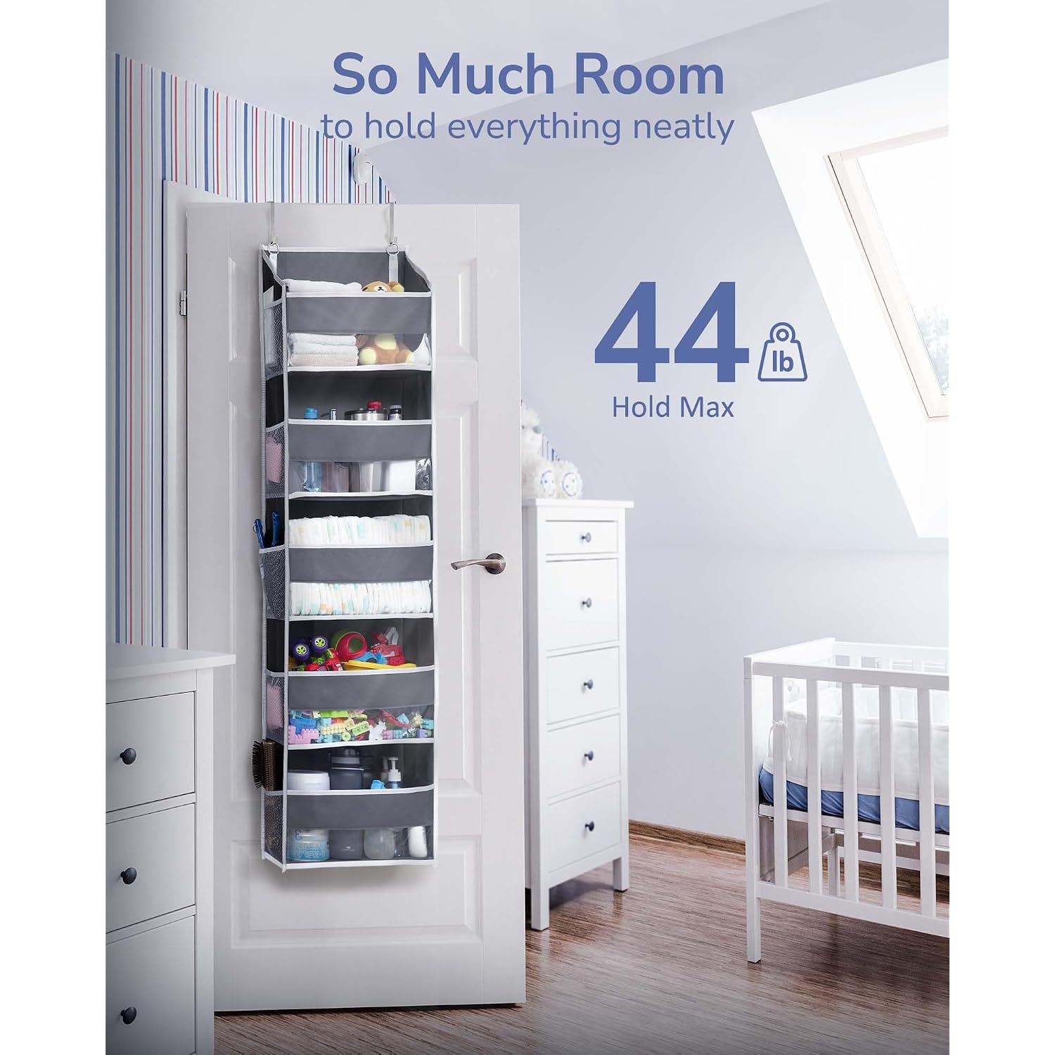 Ulg 1 Pack Over Door Organizer With 5 Large And 10 Mesh Side Pockets, 44 Lbs Weight Capacity Hanging Storage With Clear Window Kids Toys, Shoes, Diapers, Dark Grey, 5 Layers