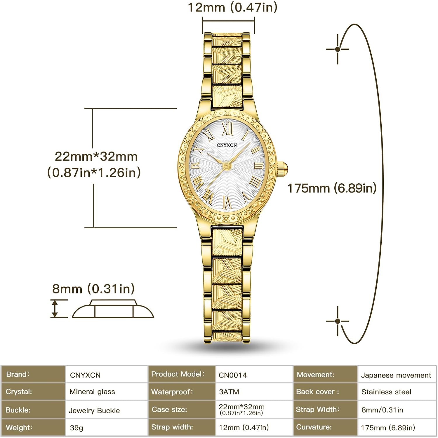 CNYXCN Vintage Gold Watches for Women with Oval Case,Roman Numeral Dial,Golden Tone Bracelet Strap,Water Resistant,Includes Tools