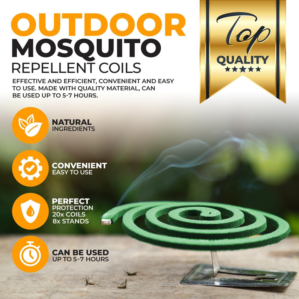 Natural Essential Oil Scented Coils - Outdoor Use Reaches Up To 10 Feet - Each Burns For 5-7 Hours (20 Coils & 8 Coil Stands) For Patio Backyard