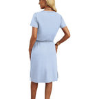 Ofeefan Womens Summer Dresses Fashion Short Sleeve Crew Neck T Shirt Sundresses Casual Tie Waist With Pockets