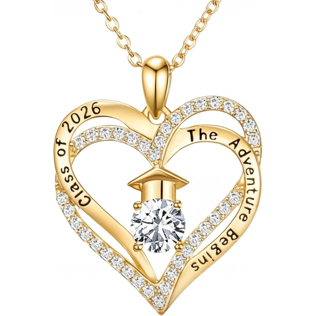 NORBU The Adventure Begins S925 Graduation Gifts for Her 2025, 5A CZ Graduation Cap Double Heart Pendant Necklaces for Women High School College Grad Jewelry Gift