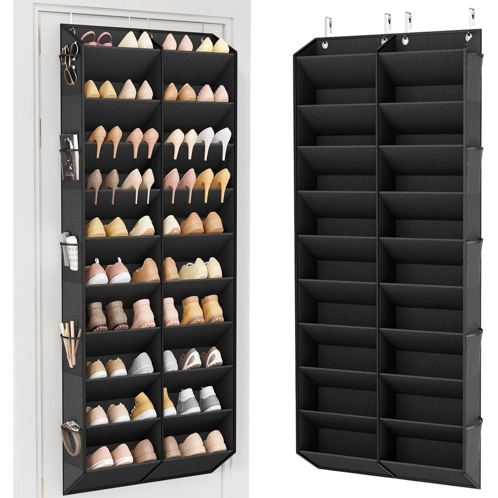 Over The Door Shoe Organizer, Hanging Shoe Rack For Closet Door Shoe Storage For 30 Pairs Sneaker And Boots, Large Shoe Holder For Door With 10 Side Pockets, Space Saving, Black