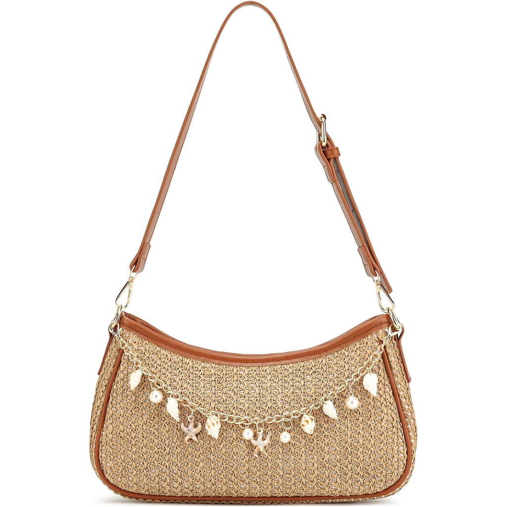 Straw Shoulder Bag For Women Raffia Summer Beach Bag Boho Woven Straw Shoulder Purse Crochet Vacation Purse Handbag