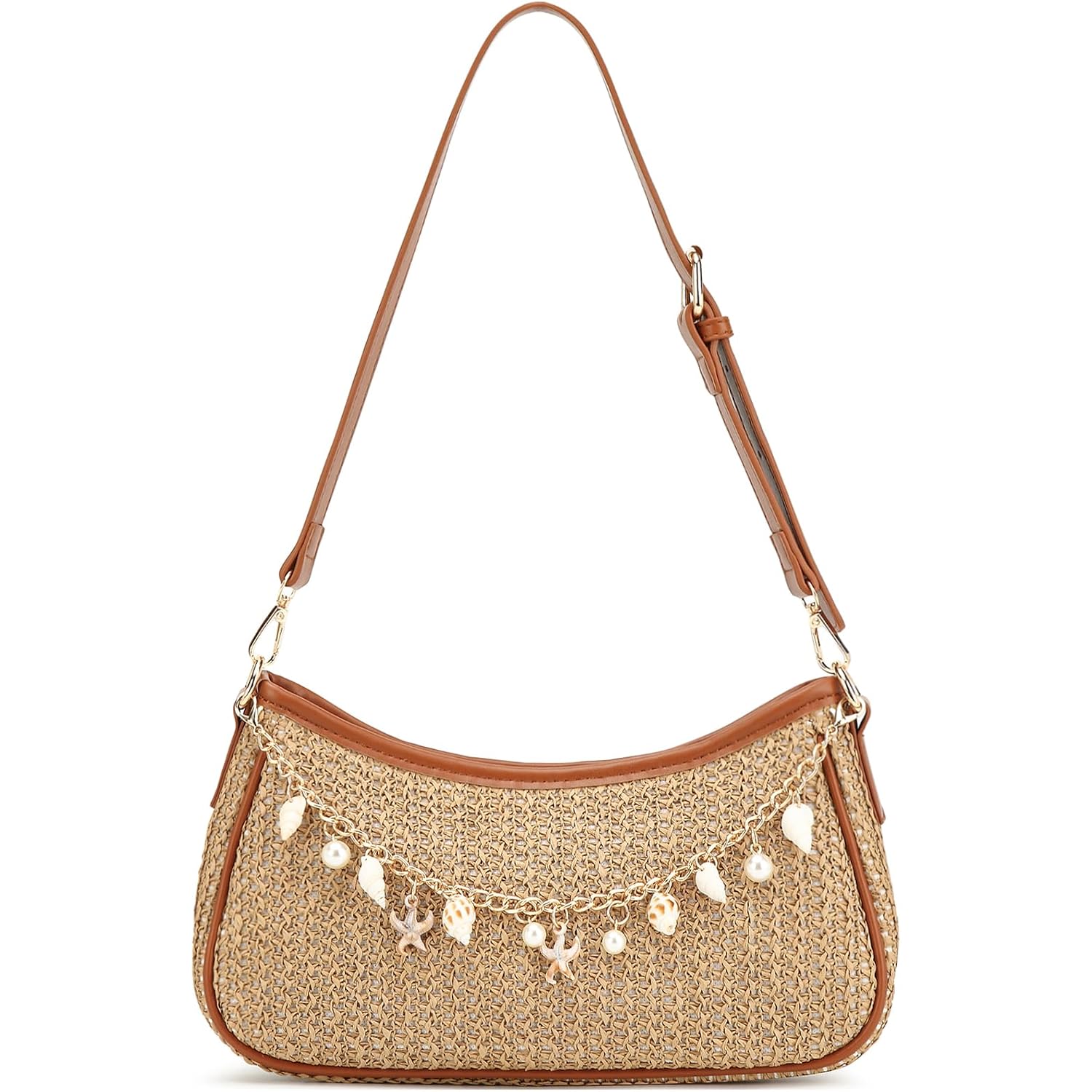 Straw Shoulder Bag For Women Raffia Summer Beach Bag Boho Woven Straw Shoulder Purse Crochet Vacation Purse Handbag