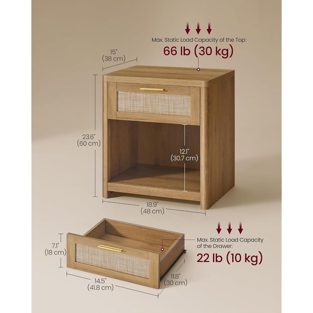 Vasagle Ellan Collection - Boho Nightstands With Rattan-Look Drawer, Set Of 2 Accent Side End Tables With Open Compartment, Rounded Corners, For Bedroom Bedside, Natural Brown Ulet818Kc01