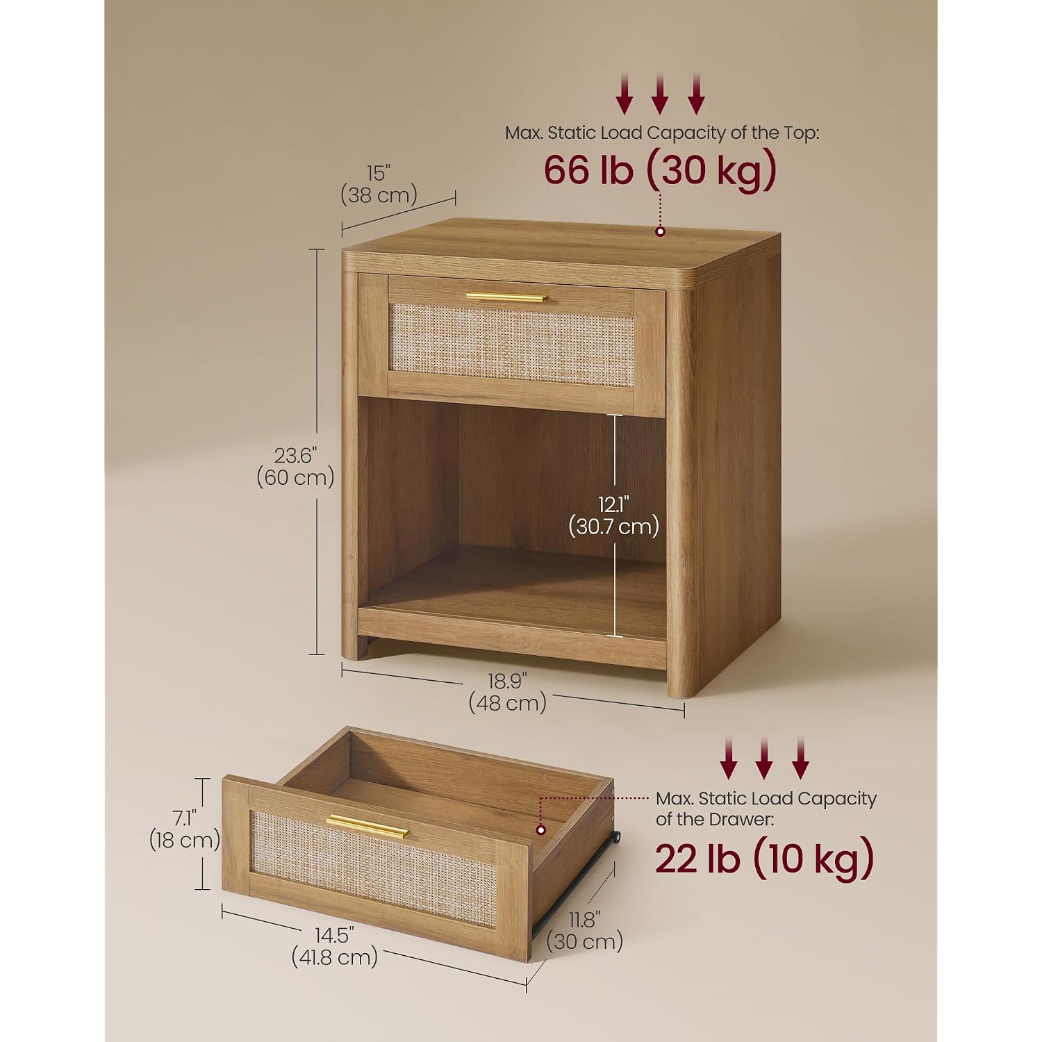 Vasagle Ellan Collection - Boho Nightstands With Rattan-Look Drawer, Set Of 2 Accent Side End Tables With Open Compartment, Rounded Corners, For Bedroom Bedside, Natural Brown Ulet818Kc01