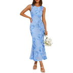 Zesica Womens 2026 Summer Floral Wedding Guest Midi Dress Sleeveless Mesh Slit Bodycon Formal Cocktail Party Dresses