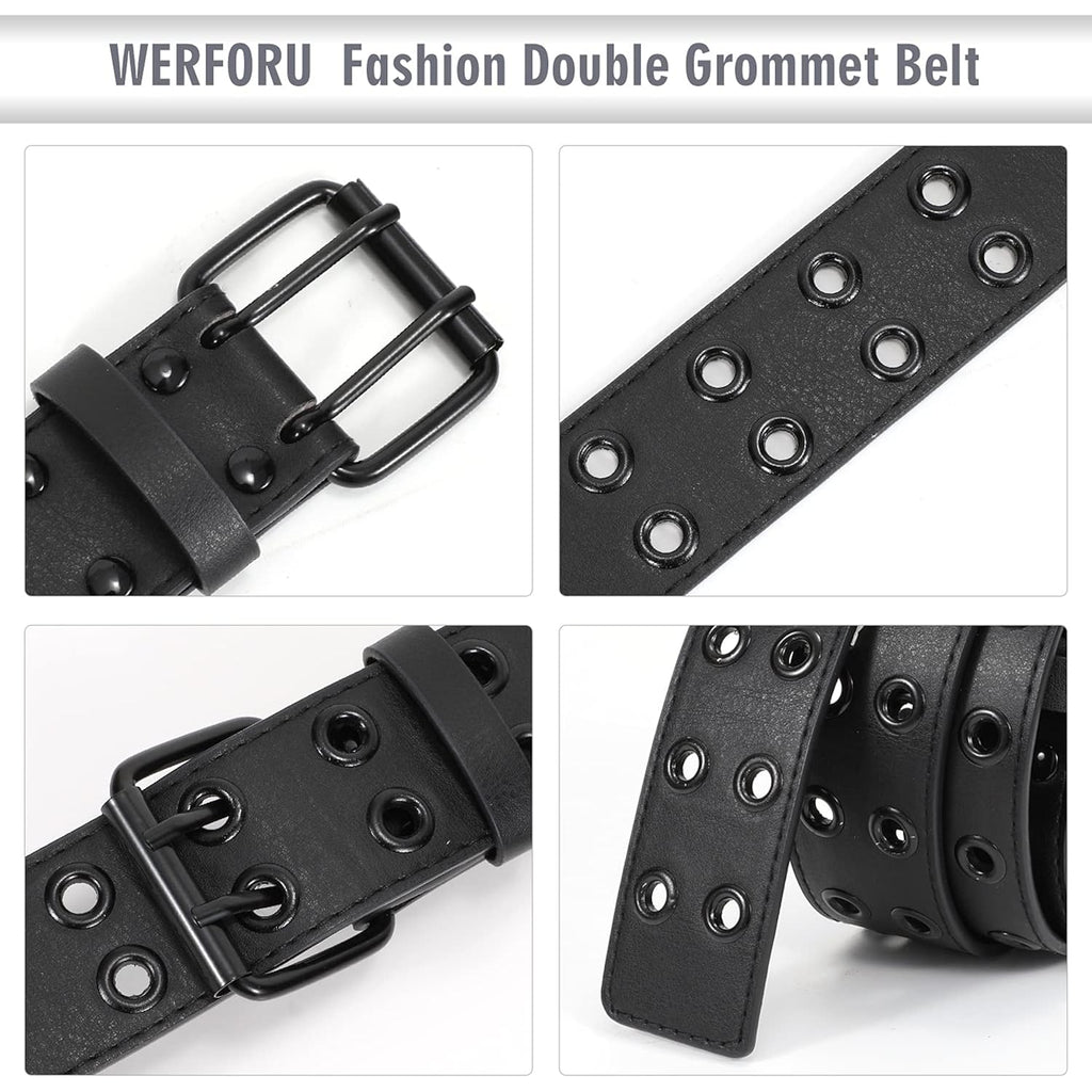 WERFORU Double Grommet Belt PU Leather Punk Belt for Women Men Jeans 2 Hole Belts 1.5 Wide