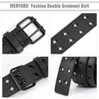 WERFORU Double Grommet Belt PU Leather Punk Belt for Women Men Jeans 2 Hole Belts 1.5 Wide