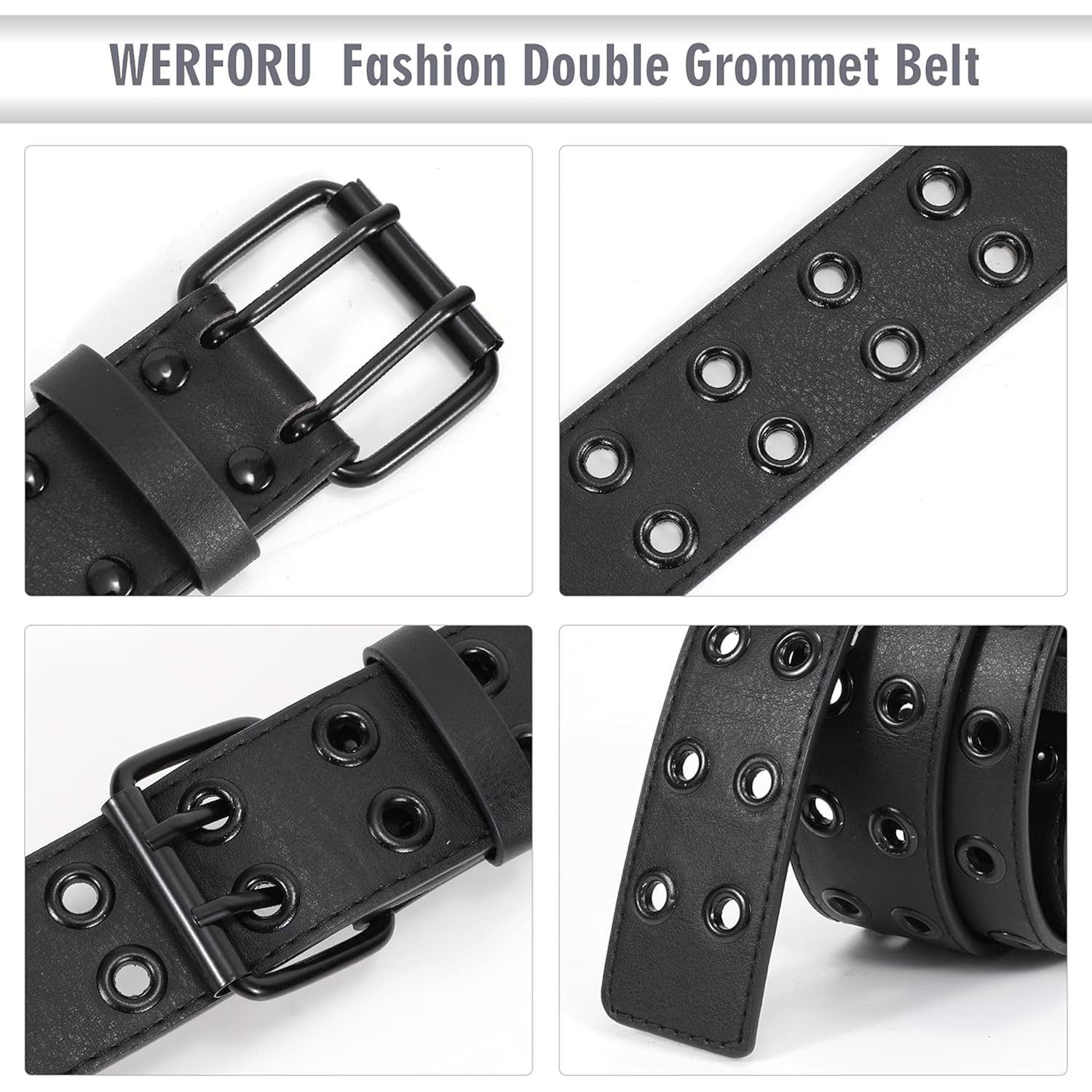 WERFORU Double Grommet Belt PU Leather Punk Belt for Women Men Jeans 2 Hole Belts 1.5 Wide