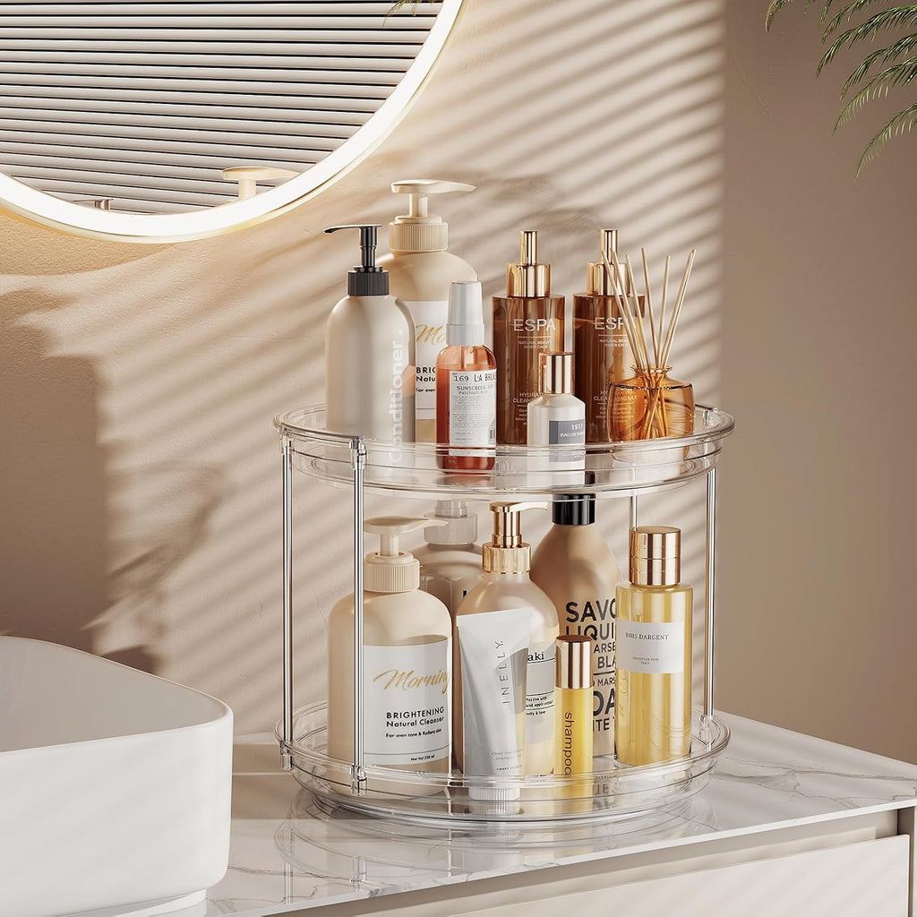 Lamu 2 Tier Lazy Susan Turntable Organizer 9.25'' Rotating Spice Rack Organization For Cabinet, Kitchen, Pantry, Countertop, Bathroom, Vanity, Medicine Cabinet Organizer, Clear